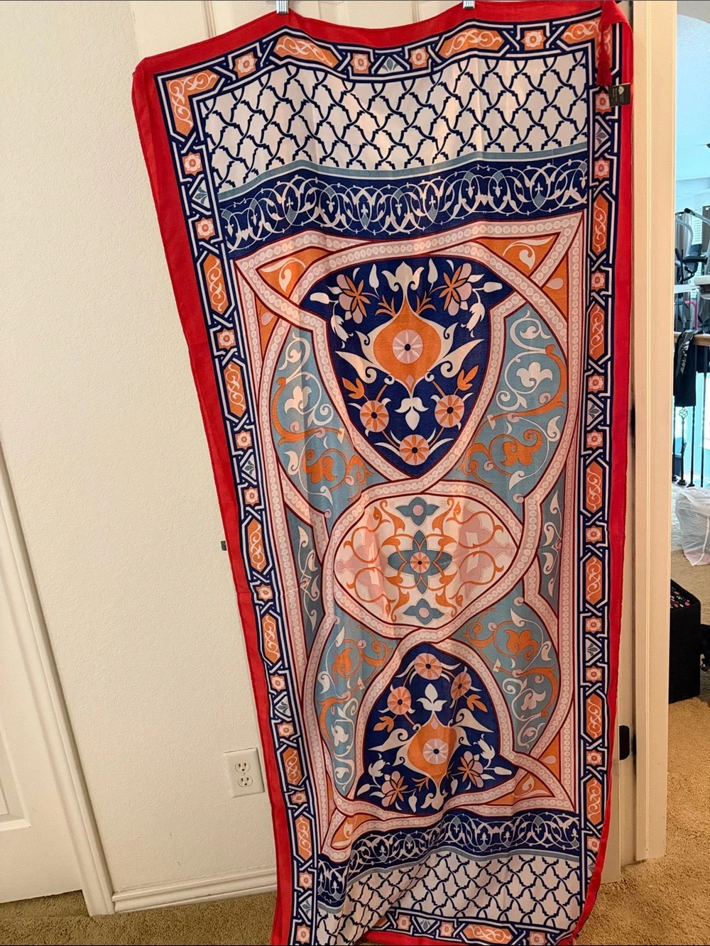 Geometric Medallion meditation Throw Blanket in Red, Navy & Orange -